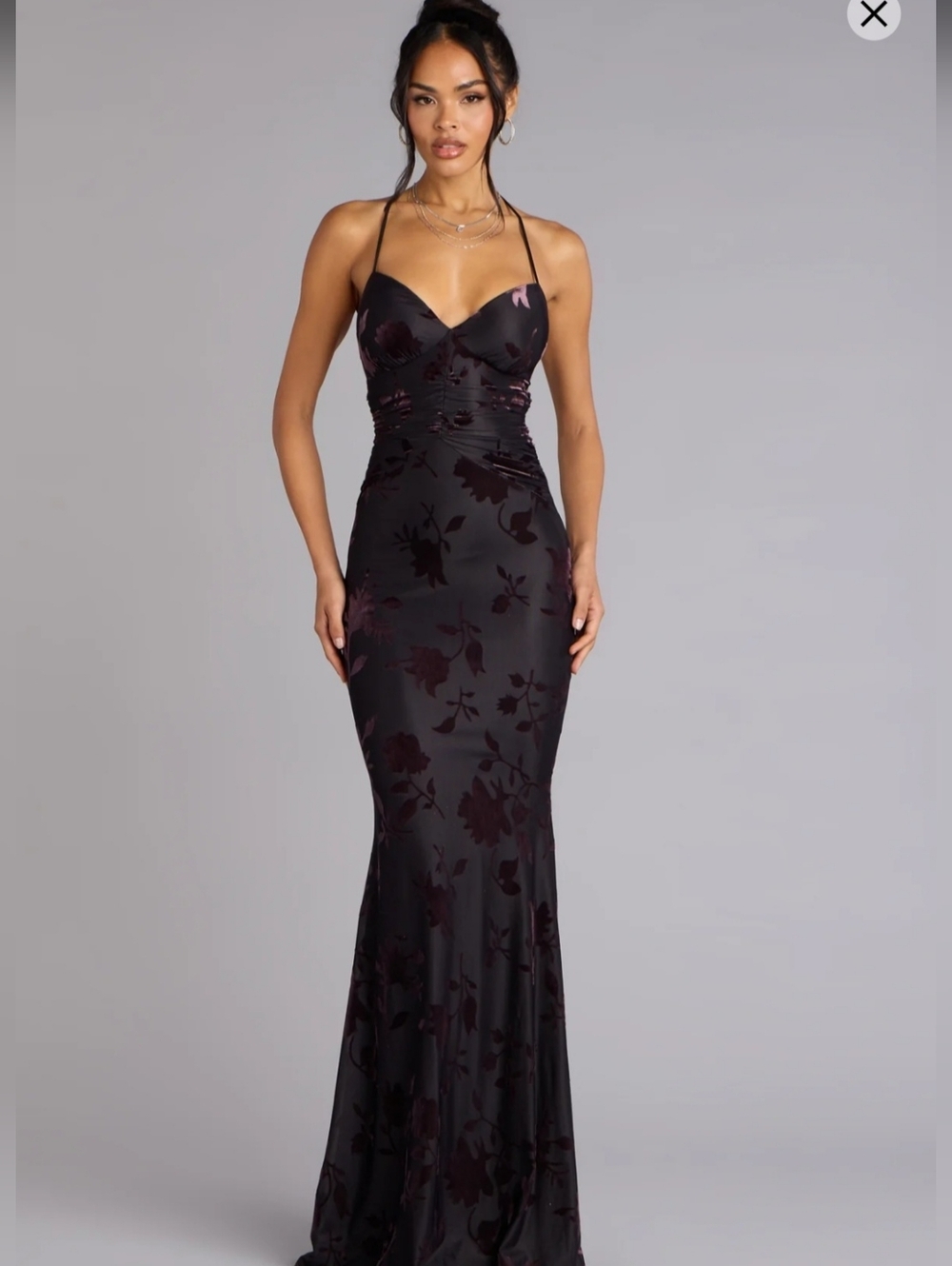 Black, Floral Satin Evening Gown - Picture 2 of 9